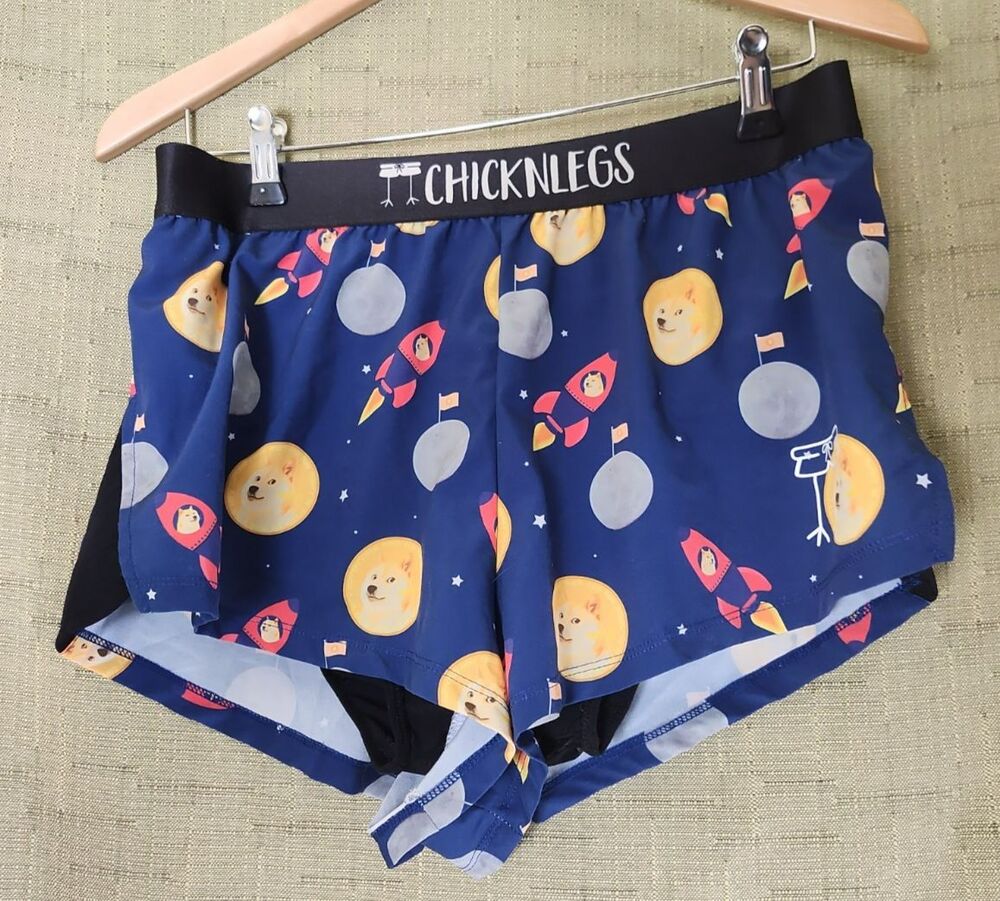 Chicknlegs Men's Split Leg Lined Running Shorts, Moon, Dog, Rockets, Size Large